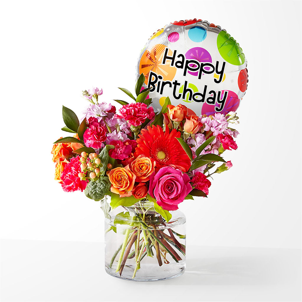 Fiesta Bouquet with Birthday Balloon – Flowers By Marianne, Newburyport MA