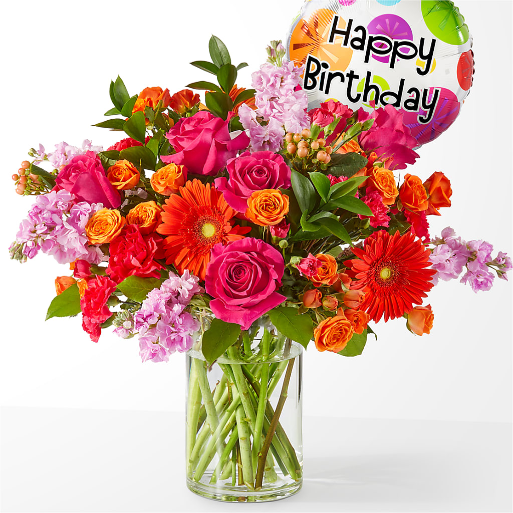 Fiesta Bouquet with Birthday Balloon – Flowers By Marianne, Newburyport MA
