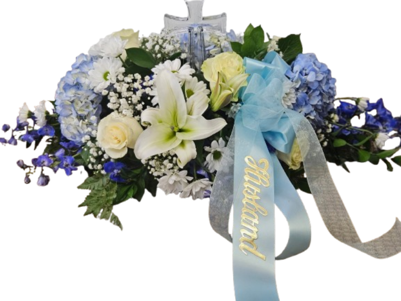 Blue and White Casket Cover with Crystal Cross – Flowers By Marianne, Newburyport MA