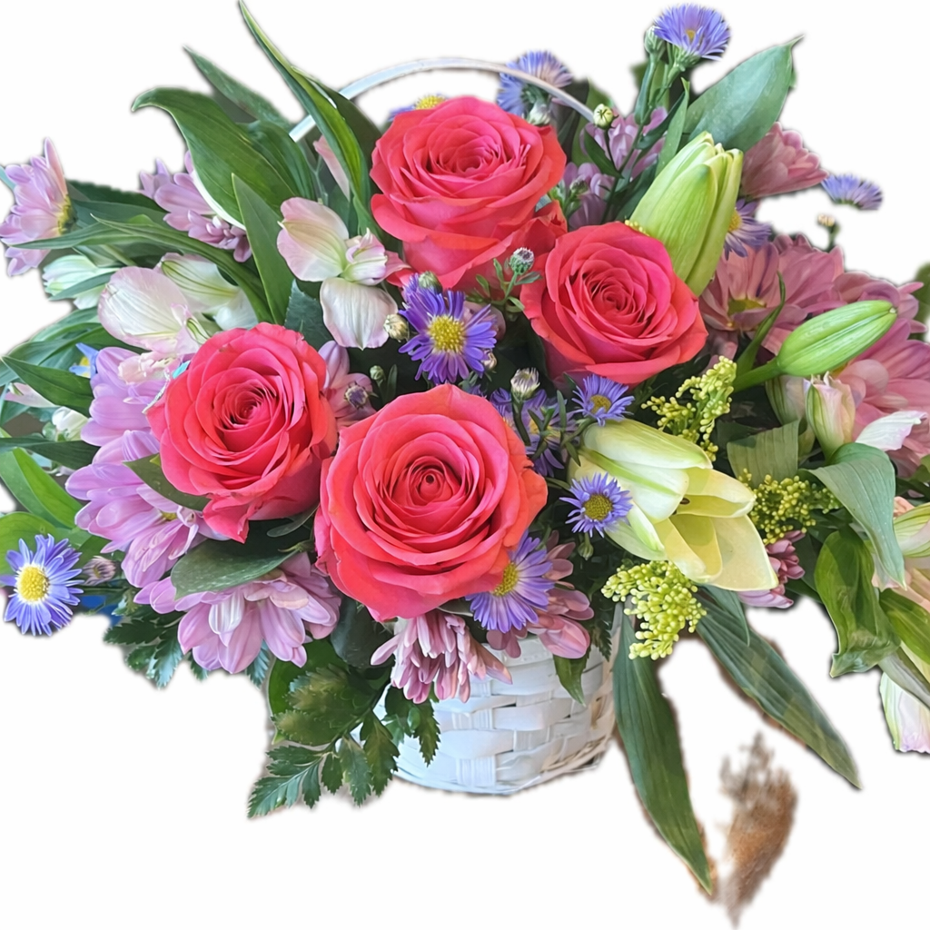 Coral Crush Garden Basket Arrangement – Flowers By Marianne, Newburyport MA