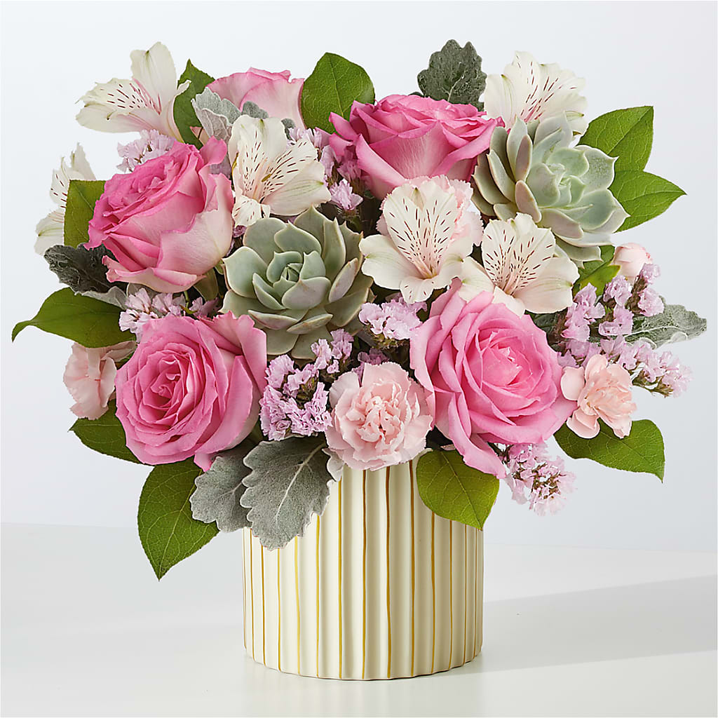 Dusty Rose Bouquet with Ivory Vase – Flowers By Marianne, Newburyport MA