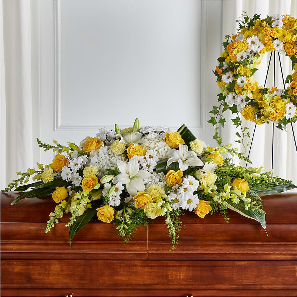Golden Harmony Casket Spray – Flowers By Marianne, Newburyport MA