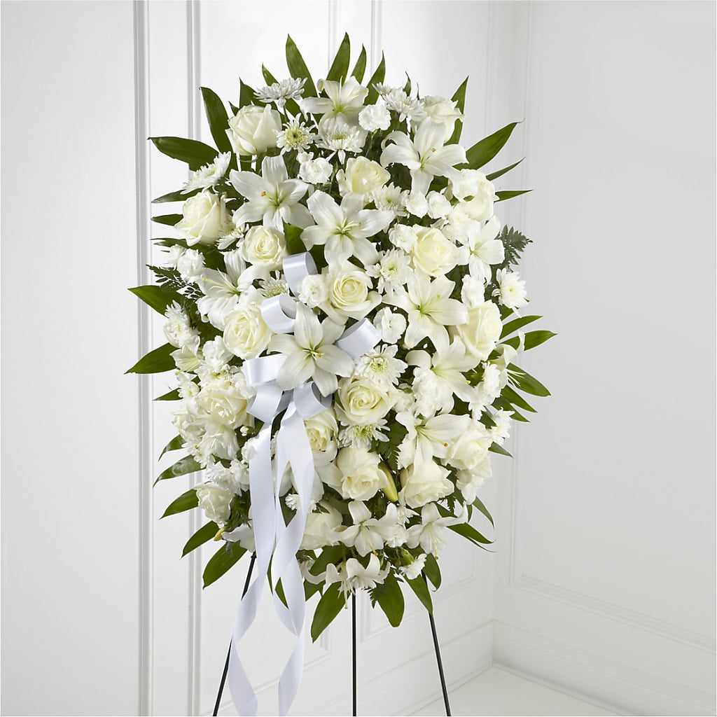 Exquisite Tribute Standing Spray-White Ribbon – Flowers By Marianne, Newburyport MA