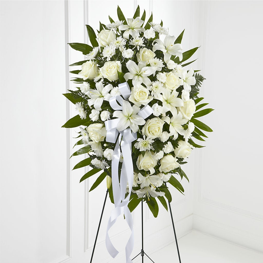 Exquisite Tribute Standing Spray-White Ribbon – Flowers By Marianne, Newburyport MA