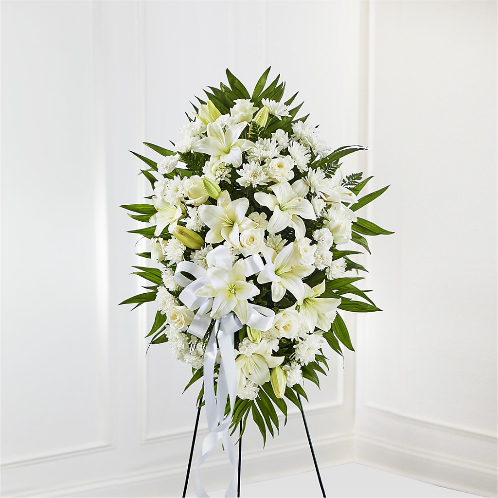 Exquisite Tribute Standing Spray-White Ribbon – Flowers By Marianne, Newburyport MA