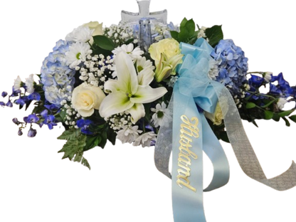 Blue and White Casket Cover with Crystal Cross –  Flowers By Marianne, Newburyport MA
