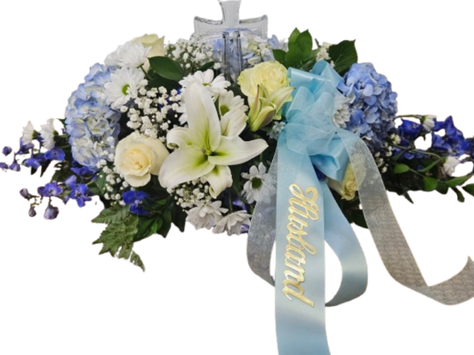 Blue and White Casket Cover with Crystal Cross