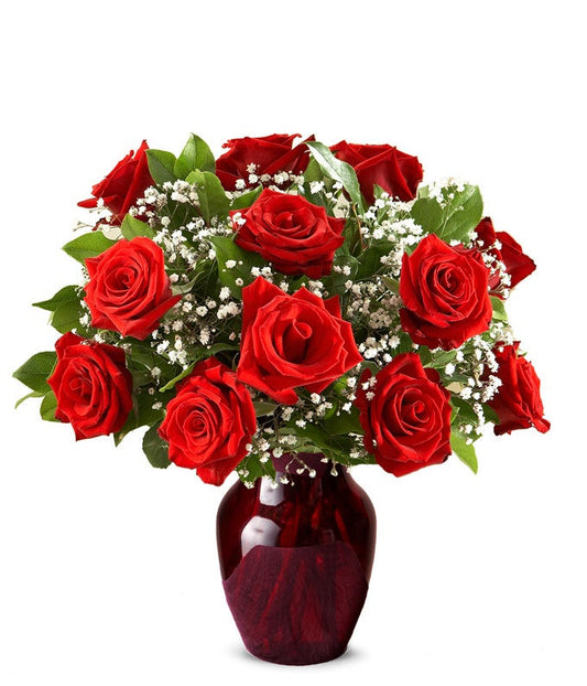 Red Roses, Baby's Breathe And Greens In A Red Vase