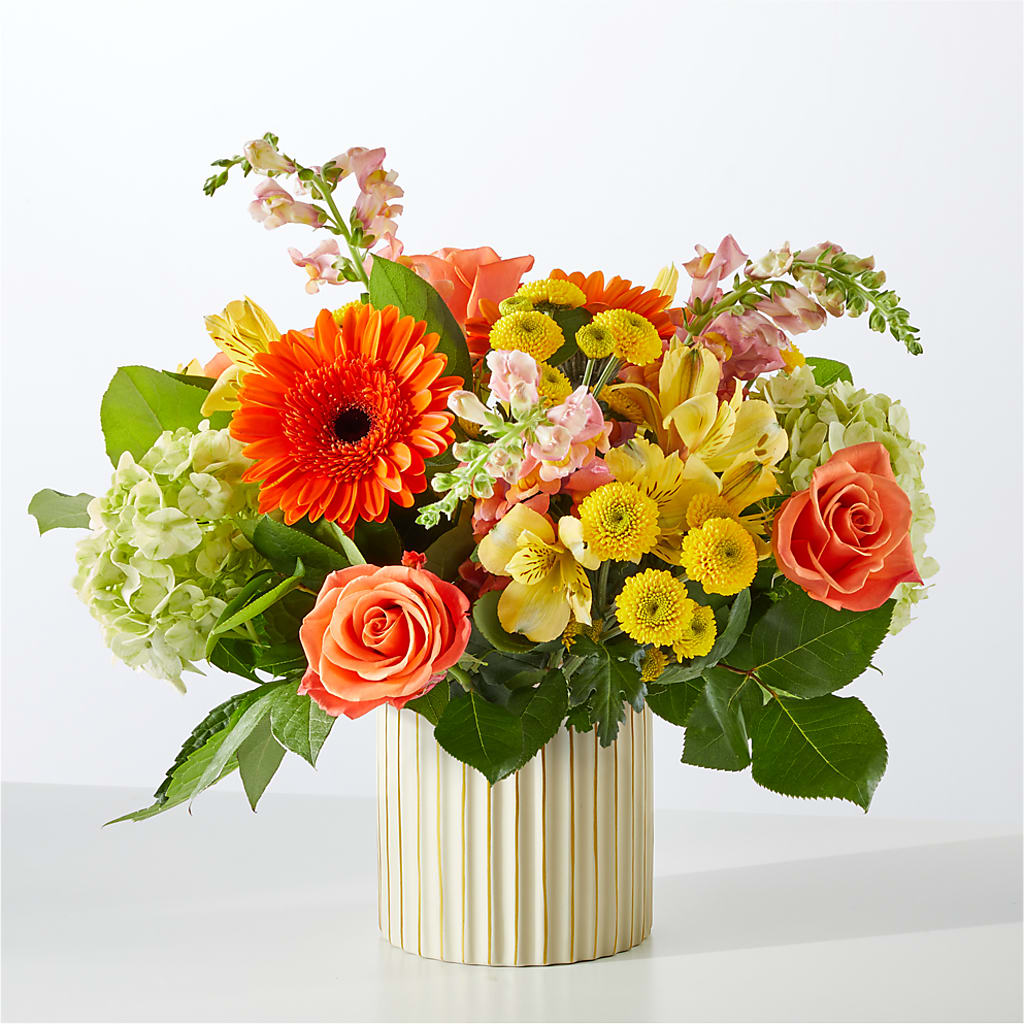 Autumn Sunshine Bouquet with Ivory Vase –  Flowers By Marianne, Newburyport MA